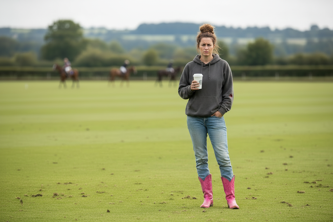 A tired polo widow in scruffy jeans and bright pink cowboy boots holding a cold coffee at the polo field sideline