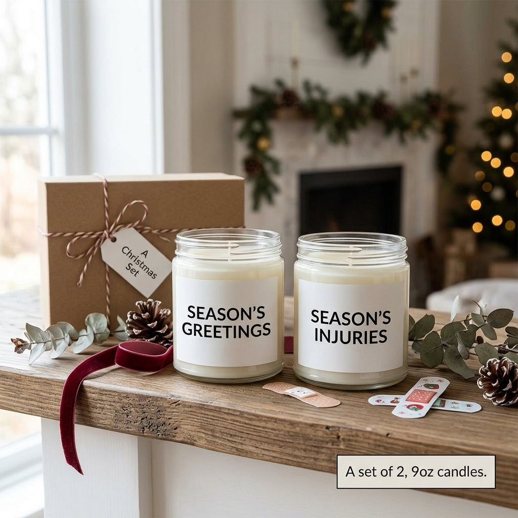 2-Piece Candle Set – Season’s Greetings & Season’s Injuries Holiday Gift Printify